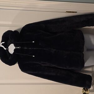 Rachel Zoe Dark Blue Teddy Bear Jacket Small Faux Fur Crop Full Zip Hoodie Hood